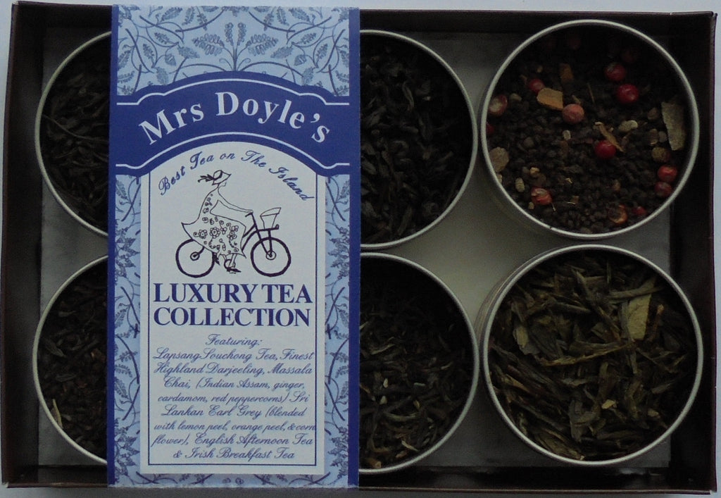 Mrs Doyle's Luxury Loose Leaf Gift Tea set  contains tins of Lapsang Souchong tea, Darjeeling tea, Earl Grey tea, Irish  tea, English tea and Masala Chai tea