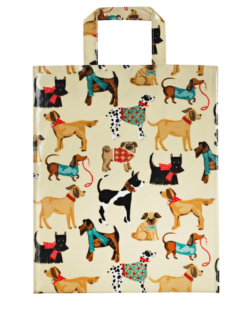 Hound Dog  Medium Bag, features a fun design of dogs in coats and scarves, it's a big PVC Bag, made of 100% cotton with a PVC coating and 39 x 31.5 x 15 cm. in size