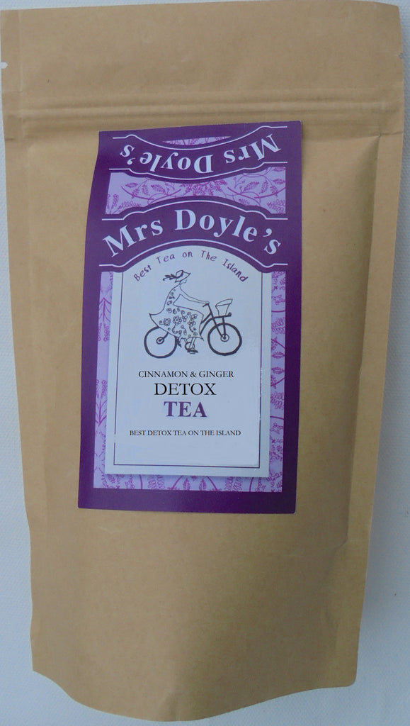 Mrs Doyle's Detox Tea is a loose leaf tea blend of  cinnamon pieces, fennel, ginger pieces, rosemary leaves, peppermint, sage leaves, cardamom, damiana leaves, liquorice root, carob, black peppercorns, cloves, celeriac.