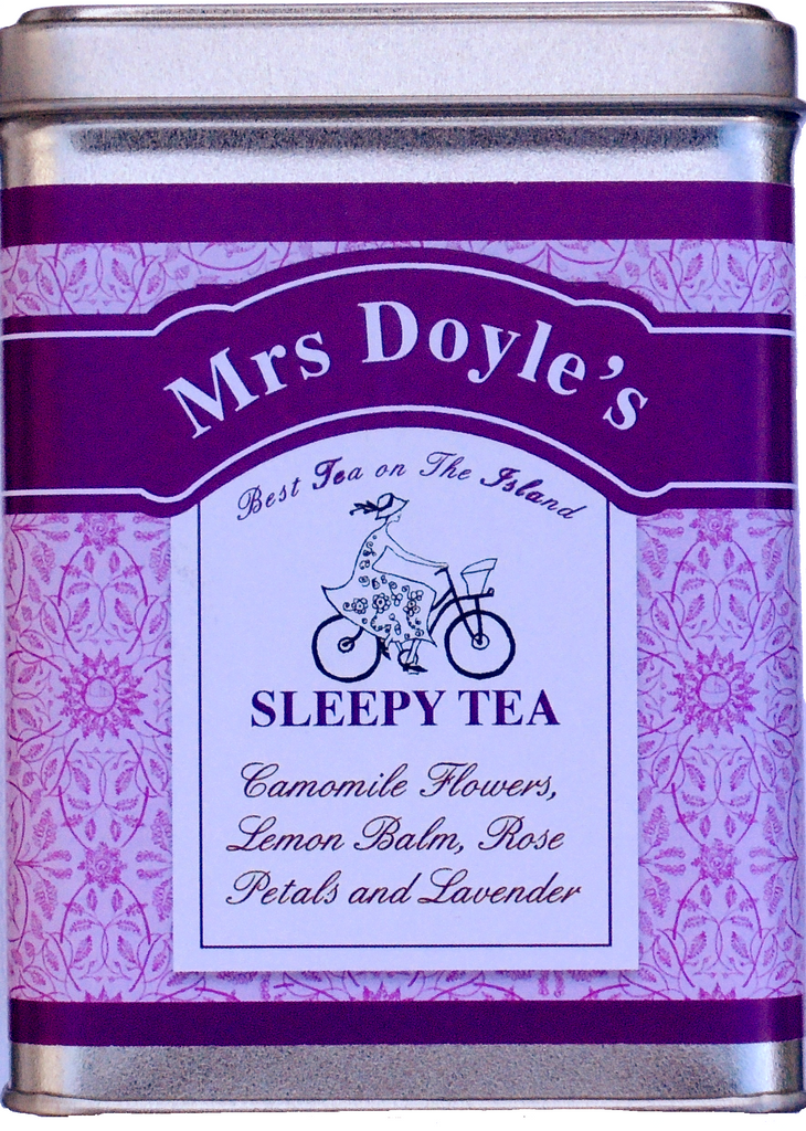 Mrs Doyle's Sleepy tea tin caddy contains a blend of loose leaf Chamomile flowers, lemon balm, rose petals and lavender