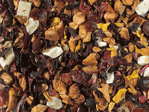 Mrs Doyle's Happy fruity tea is the perfect herbal infusion and contains Ingredients like Cocoa peel, rose hip peel, apple pieces, hibiscus blossoms, orange peel, natural flavouring, freeze-dried strawberry pieces, marigold blossoms 