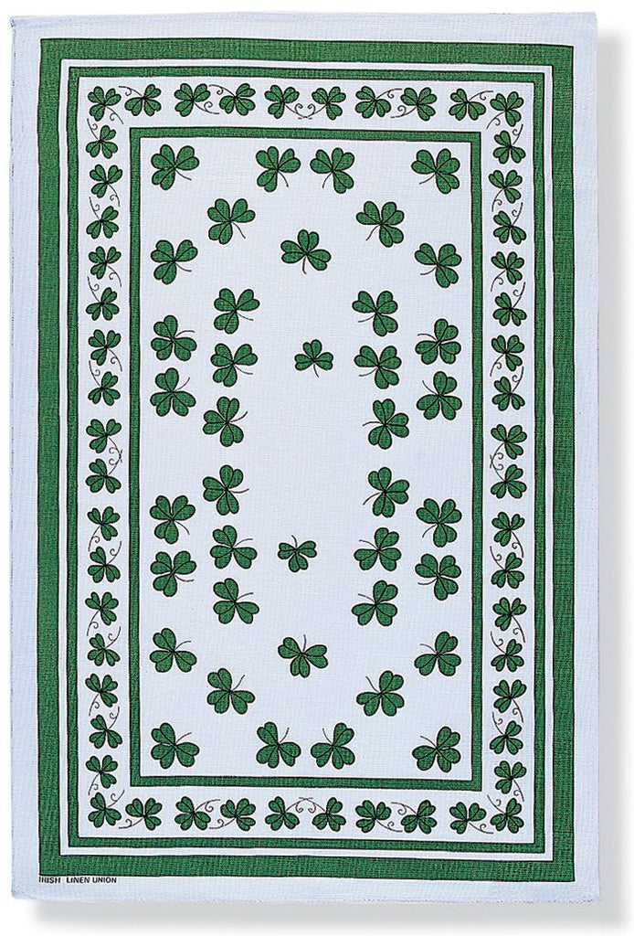 Mrs Doyle's Shamrock linen tea towel, is a lovely patterned tea towel  and shows falling green shamrocks with a bold green trim, it's 48 X 74 Cm