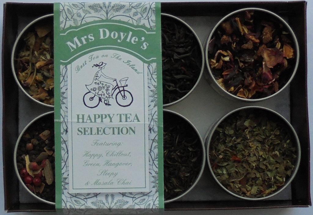 Mrs Doyle's Happy Tea gift set collection contains six tins of loose leaf  Chill-Out Tea, Earl-Grey Tea, Masala Chai Tea, Camomile Sleepy Tea, and Hangover Tea.