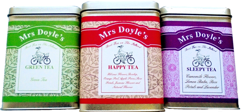 Mrs Doyle's Skinny Tea gift caddy collection includes tins of loose leaf  Happy Fruity tea , Minty Loose Leaf Green tea, and Sleepy Camomile 