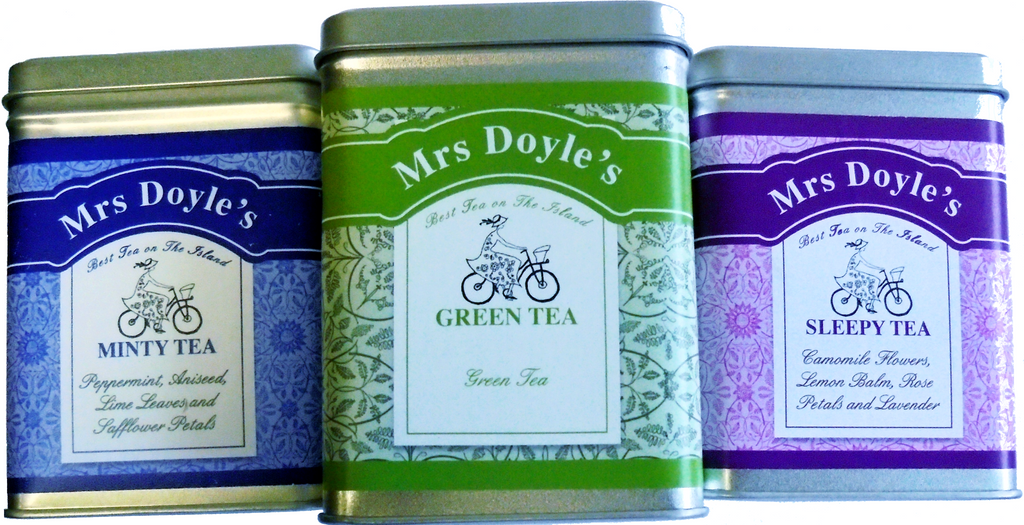 Mrs Doyle's Detox Tea Gift  set contains  3 tins of loose leaf Green tea , Minty Peppermint tea and Chamomile Sleepy tea