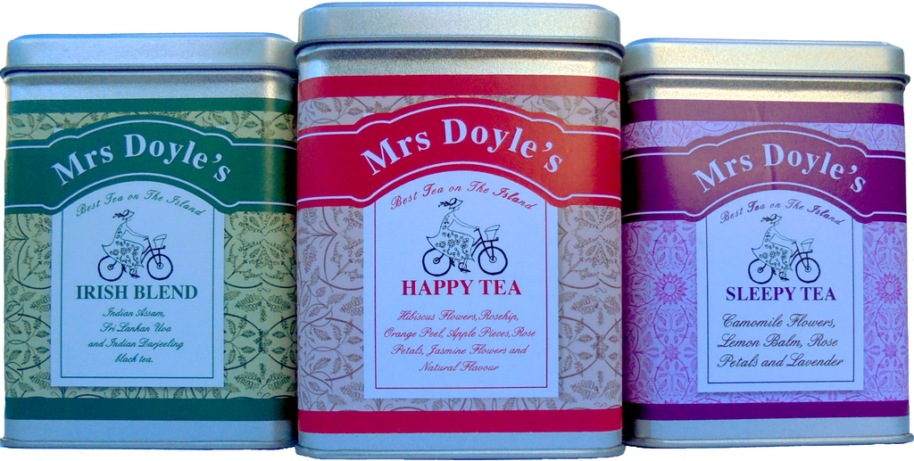 Mrs Doyle's tea gift caddy tins of sleepy, happy and irish loose leaf teas 