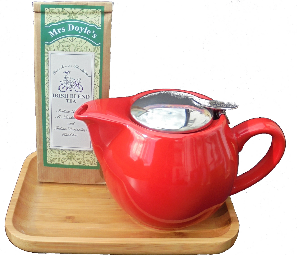 Mrs Doyle's Big Red Tea Pot Gift Set just so lovely , the big red tea pot ,with removable stainless steel tea filter, on bamboo tray and pack of Irish breakfast tea 