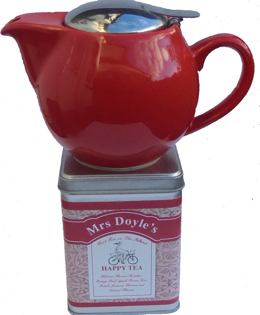 Red Loose leaf tea pot with infuser and tin of happy fruity tea 