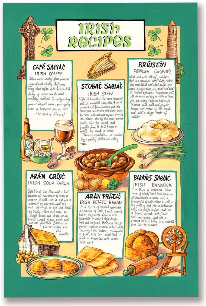 Mrs Doyle's Irish Recipes Tea Towel is decorated with some of Mrs Doyle's most famous Irish recipes, it's another little perfect Irish gift, so GoOn get cooking